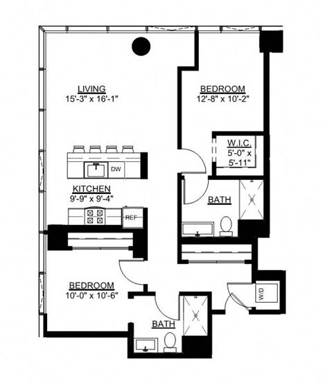 a floor plan of a small house with two bedrooms and a bathroom